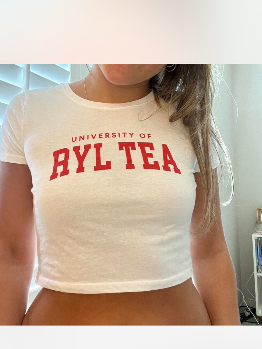 White Crop Tee with Red 'RYL TEA' Logo